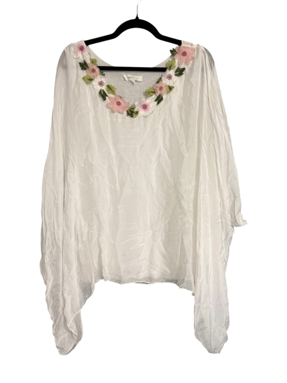 Belle France Sheer Boho Blouse Embroidered Floral Neckline Flowy Top Size L Silk